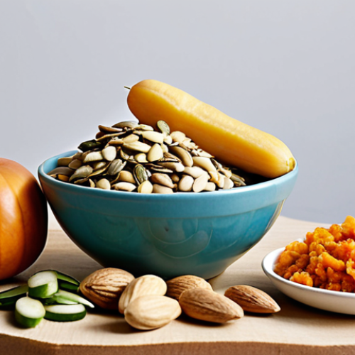 Home 4 A vibrant display of diabetes-friendly snacks: a handful of mixed nuts and seeds (almonds, pumpkin seeds, sunflower seeds), a sliced apple, a bowl of carrot and cucumber sticks with a side of hummus, and homemade oat and almond laddus, all arranged on a wooden table with a bright, airy background.