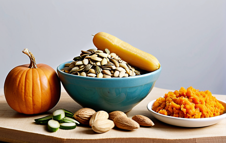 A vibrant display of diabetes-friendly snacks: a handful of mixed nuts and seeds (almonds, pumpkin seeds, sunflower seeds), a sliced apple, a bowl of carrot and cucumber sticks with a side of hummus, and homemade oat and almond laddus, all arranged on a wooden table with a bright, airy background.